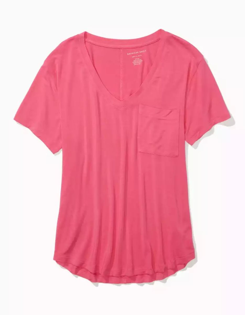 T Shirts American Eagle AE Soft & Sexy V-Neck Pocket Tee Rose Clair Femme | WMH-67974540